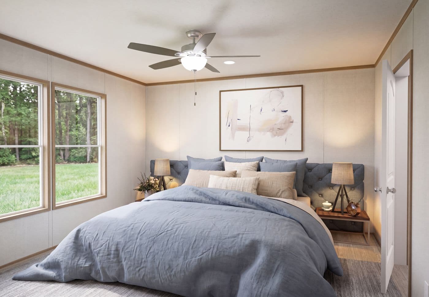 The THE MOUNTAINEER 68 Primary Bedroom. This Manufactured Mobile Home features 4 bedrooms and 2 baths.