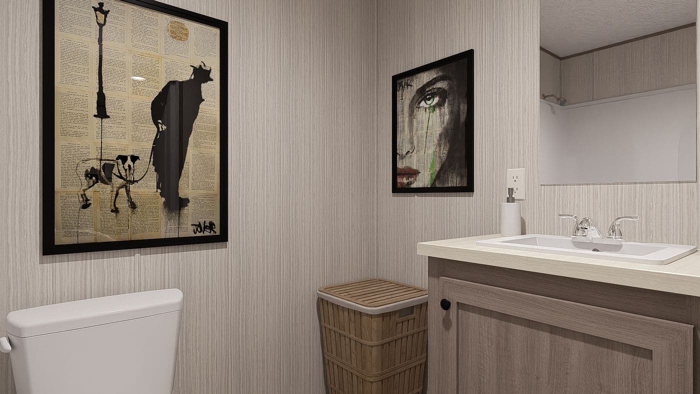 The BLAZER 76 4A Primary Bathroom. This Manufactured Mobile Home features 4 bedrooms and 2 baths.
