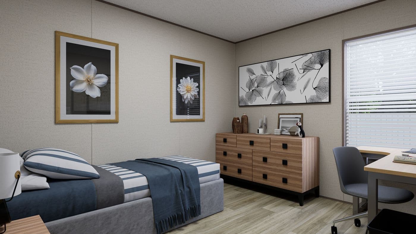 The GLACIER VISTA Guest Bedroom. This Manufactured Mobile Home features 4 bedrooms and 2 baths.