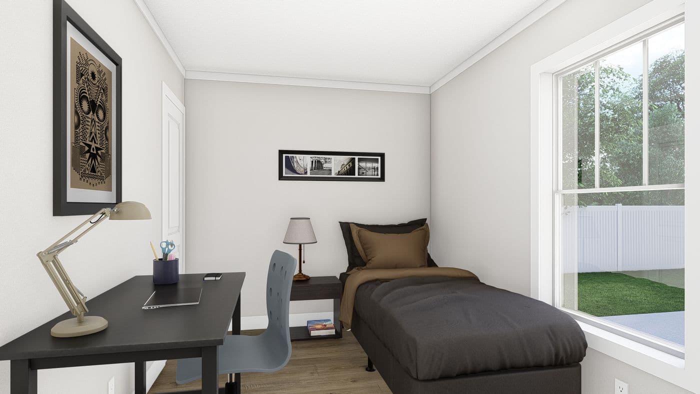 The RHYTHM NATION Guest Bedroom. This Manufactured Mobile Home features 3 bedrooms and 2 baths.