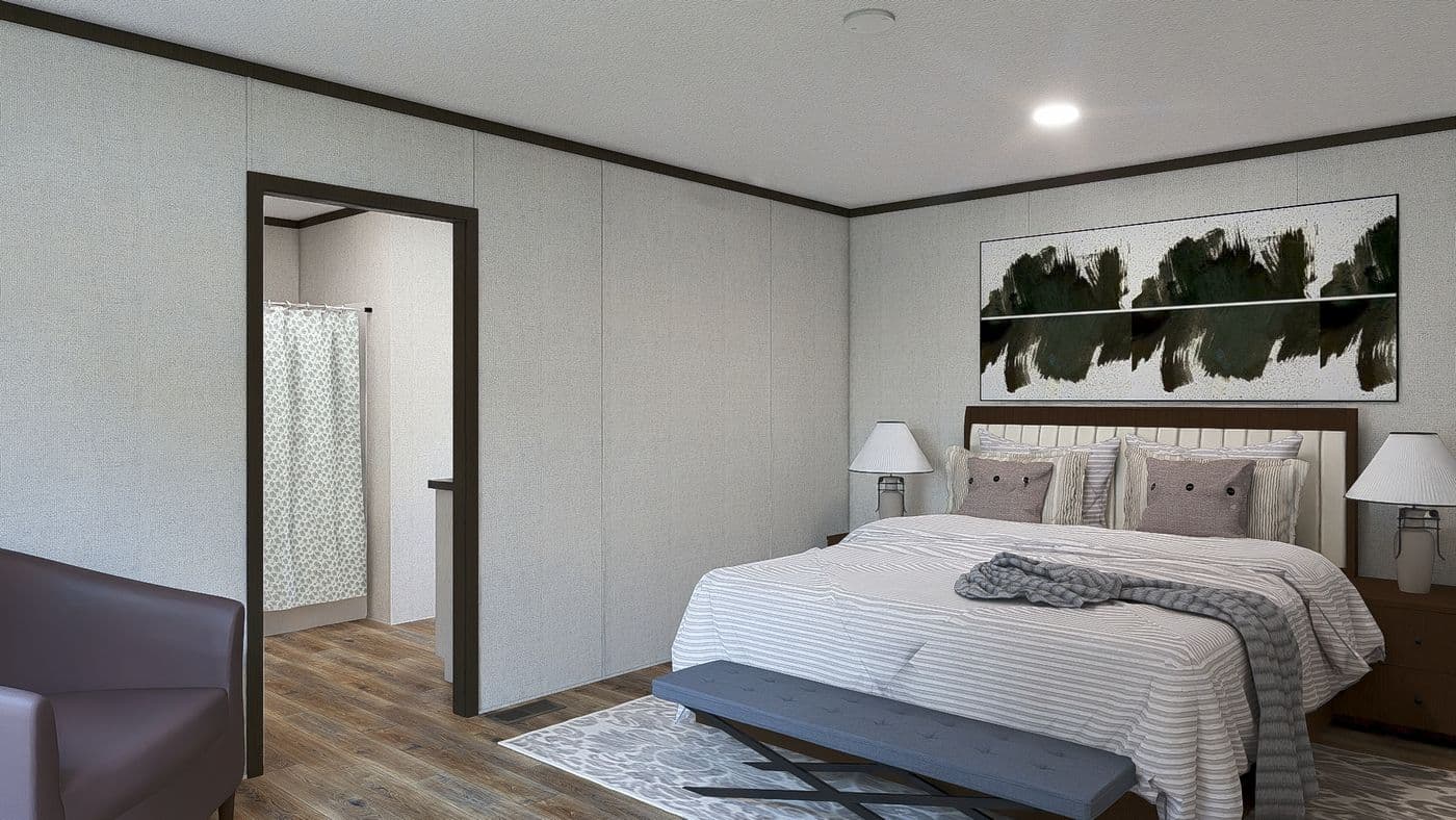 The SENSATION Primary Bedroom. This Manufactured Mobile Home features 3 bedrooms and 2 baths.