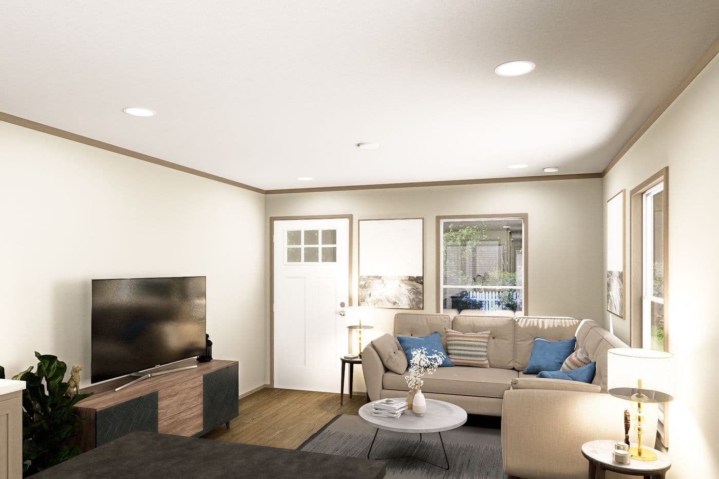 The CORTES Living Room. This Manufactured Mobile Home features 2 bedrooms and 2 baths.