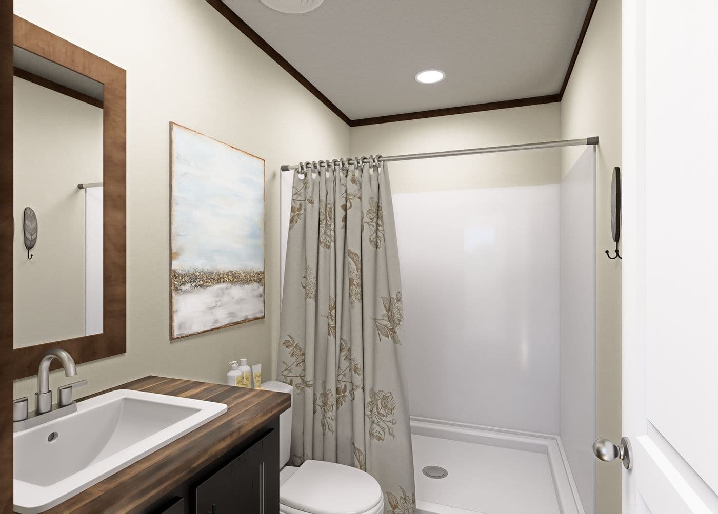 The POLO Primary Bathroom. This Manufactured Mobile Home features 2 bedrooms and 1 bath.