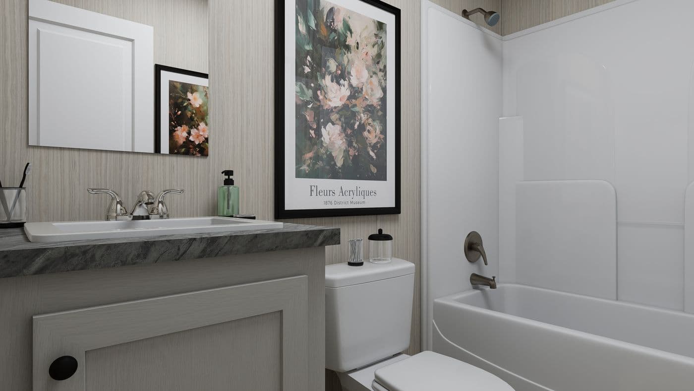 The GLACIER VISTA Guest Bathroom. This Manufactured Mobile Home features 4 bedrooms and 2 baths.