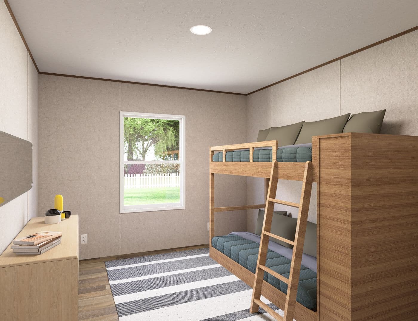 The SPRUCE Guest Bedroom. This Manufactured Mobile Home features 3 bedrooms and 2 baths.