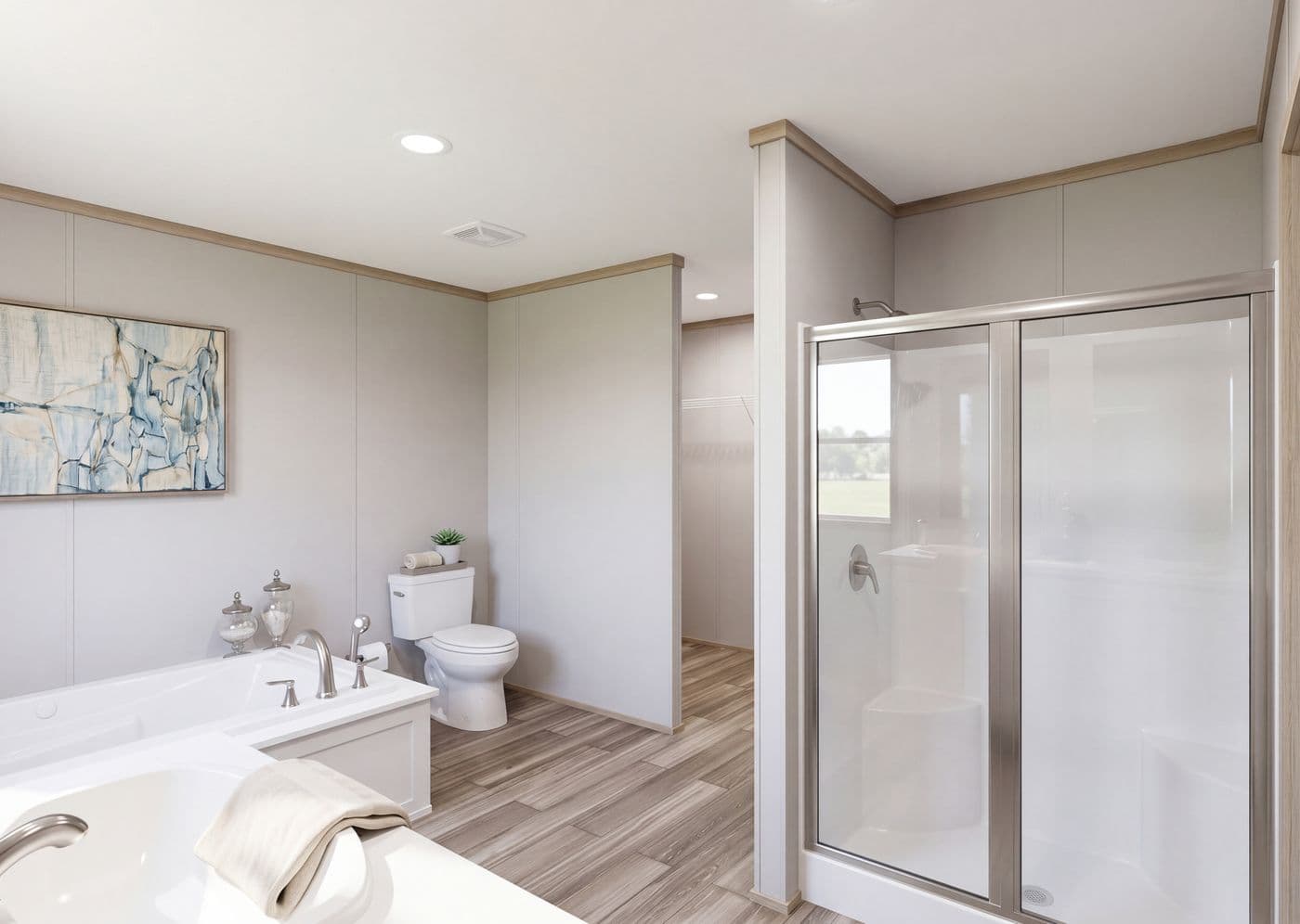The THE MOUNTAINEER 76 Primary Bathroom. This Manufactured Mobile Home features 4 bedrooms and 2 baths.