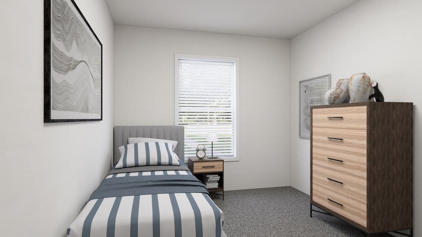 The SLE 561F Bedroom. This Manufactured Mobile Home features 3 bedrooms and 2 baths.