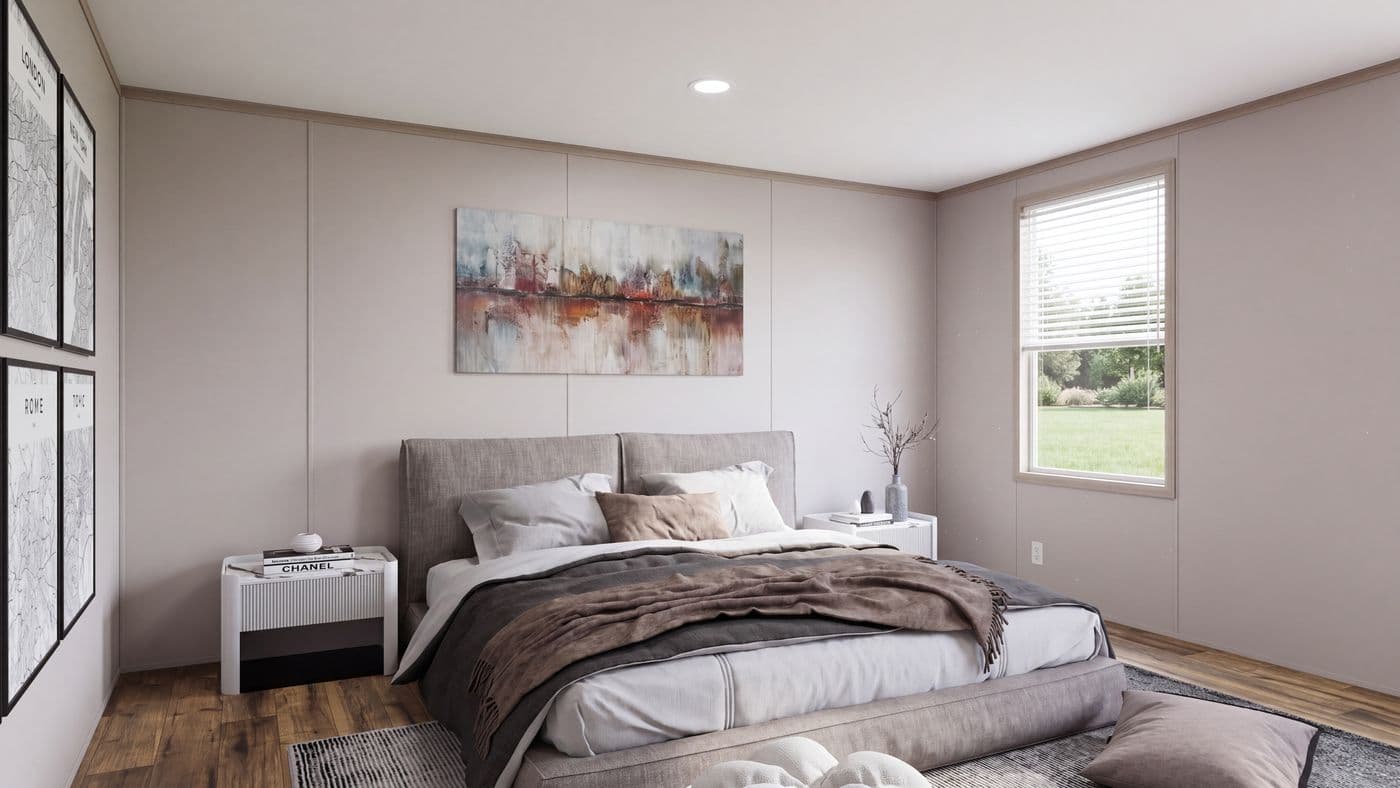 The MOUNTAIN BREEZE 3260 Primary Bedroom. This Manufactured Mobile Home features 3 bedrooms and 2 baths.