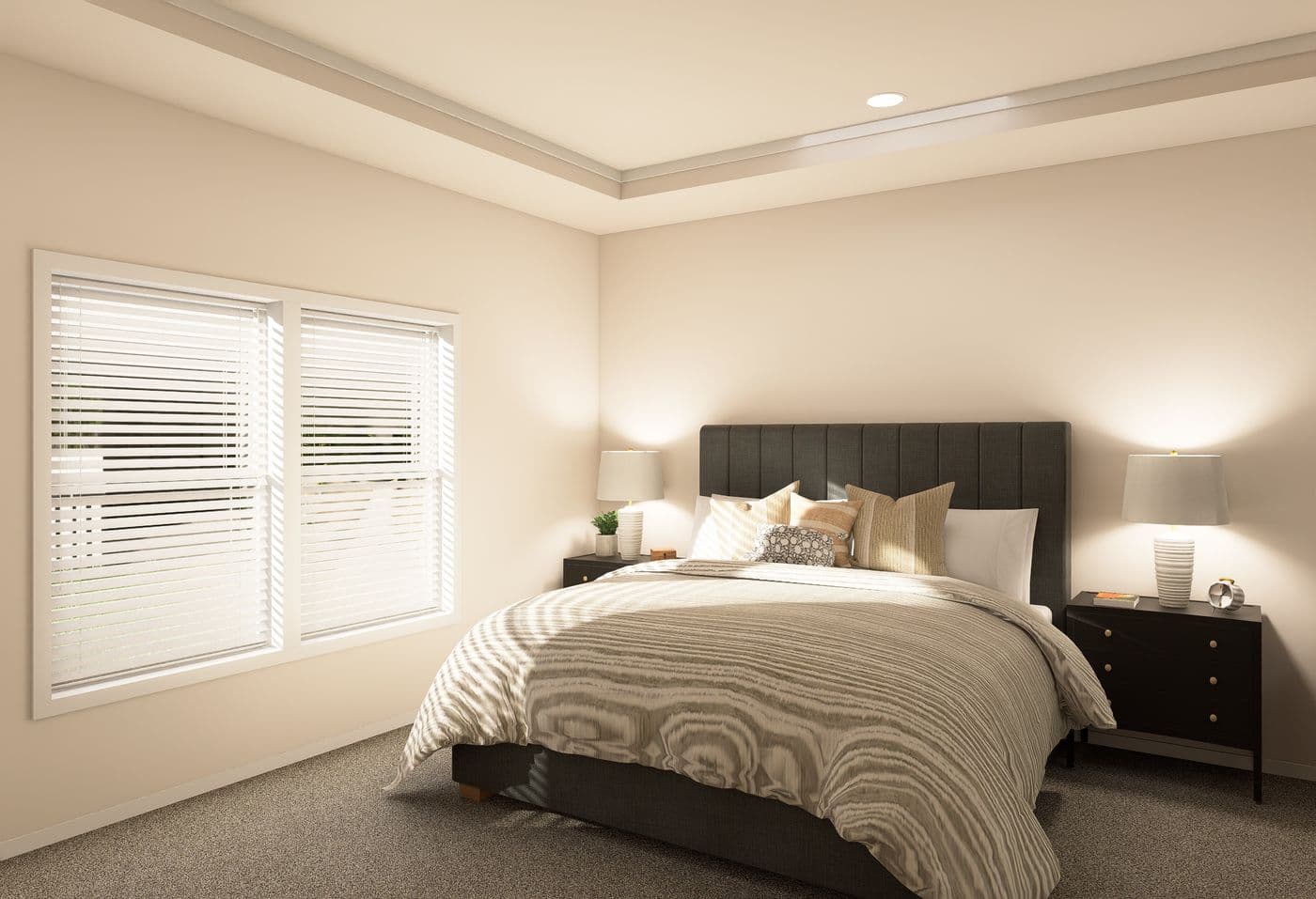 The ING763G PALM Primary Bedroom. This Manufactured Mobile Home features 3 bedrooms and 2 baths.