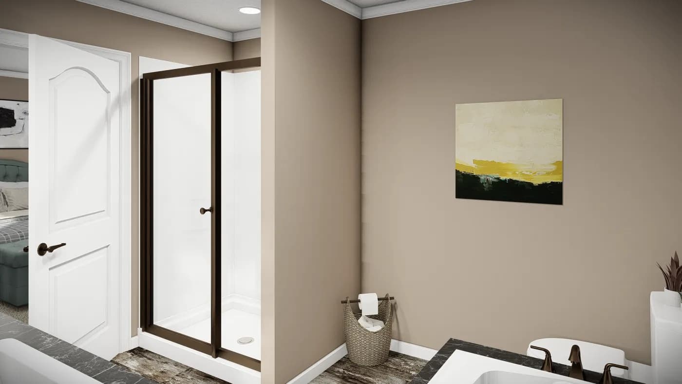 The THE MAVERICK Primary Bathroom. This Manufactured Mobile Home features 3 bedrooms and 2 baths.