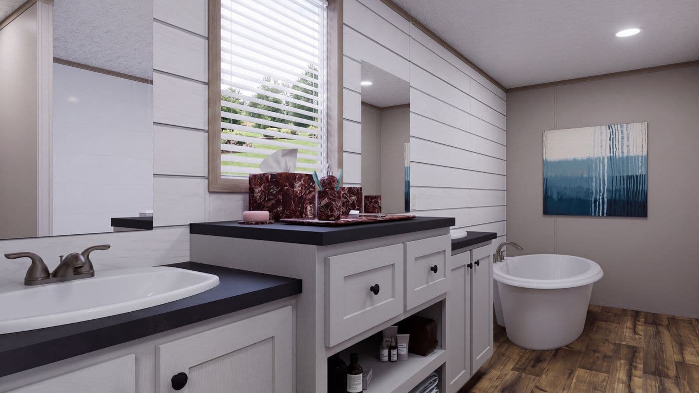 The MOUNTAIN BREEZE 3260 Primary Bathroom. This Manufactured Mobile Home features 3 bedrooms and 2 baths.