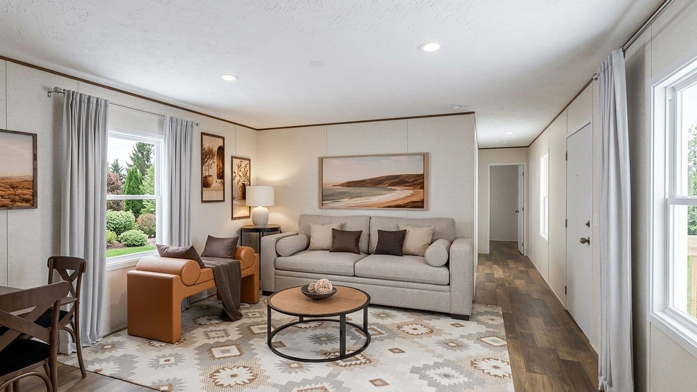 The ASPEN Living Room. This Manufactured Mobile Home features 3 bedrooms and 2 baths.