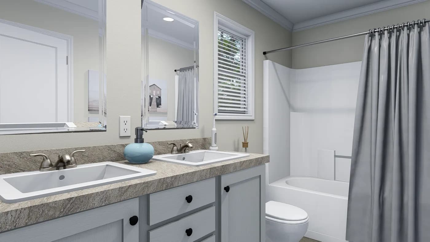 The 930 "HOLDEN" 7616 Primary Bathroom. This Manufactured Mobile Home features 3 bedrooms and 2 baths.