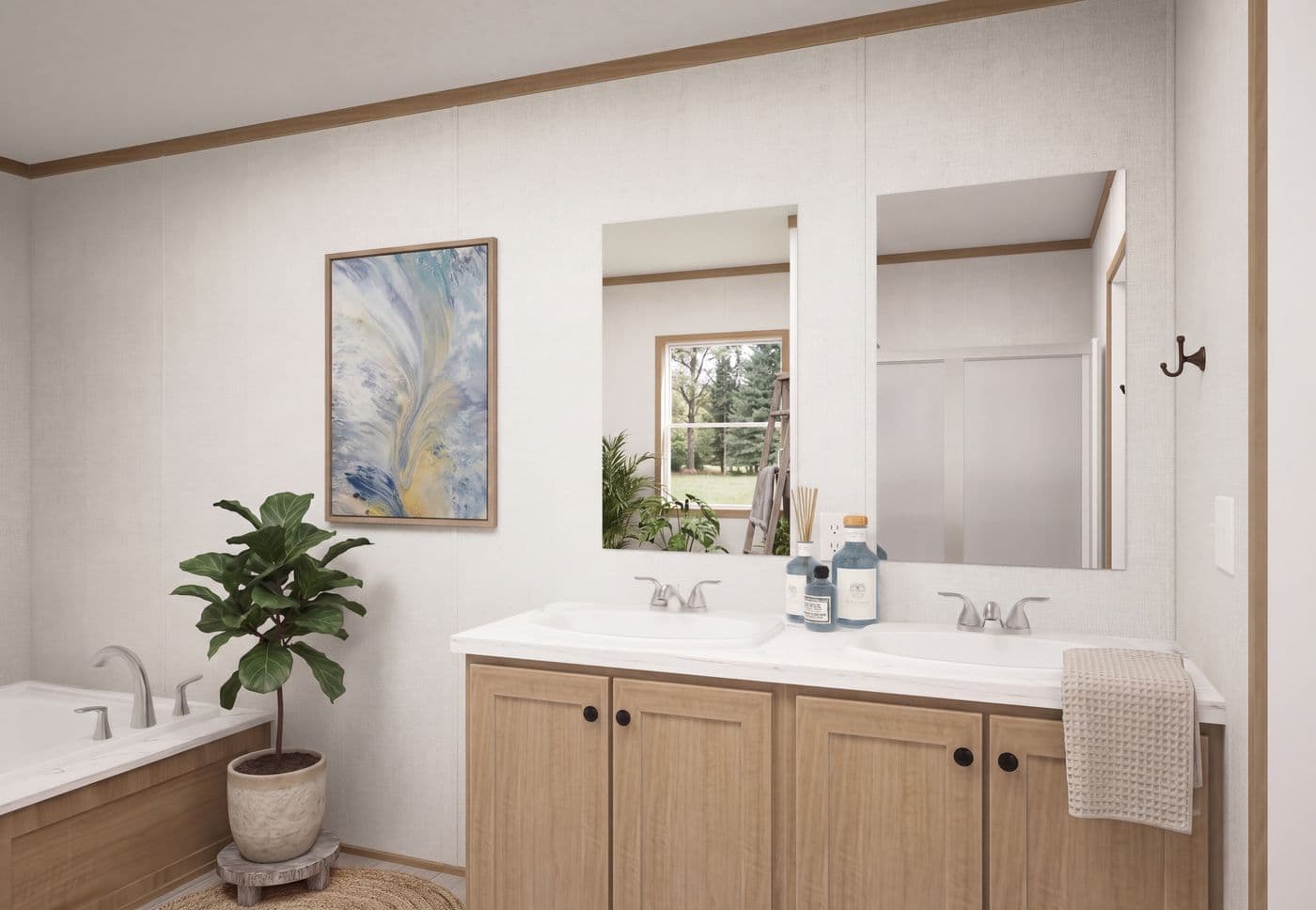 The THE MOUNTAINEER 68 Primary Bathroom. This Manufactured Mobile Home features 4 bedrooms and 2 baths.
