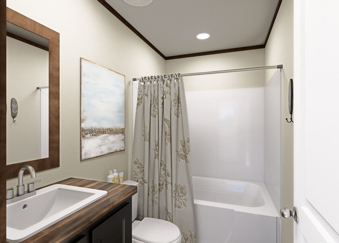 The POLO Primary Bathroom. This Manufactured Mobile Home features 2 bedrooms and 1 bath.