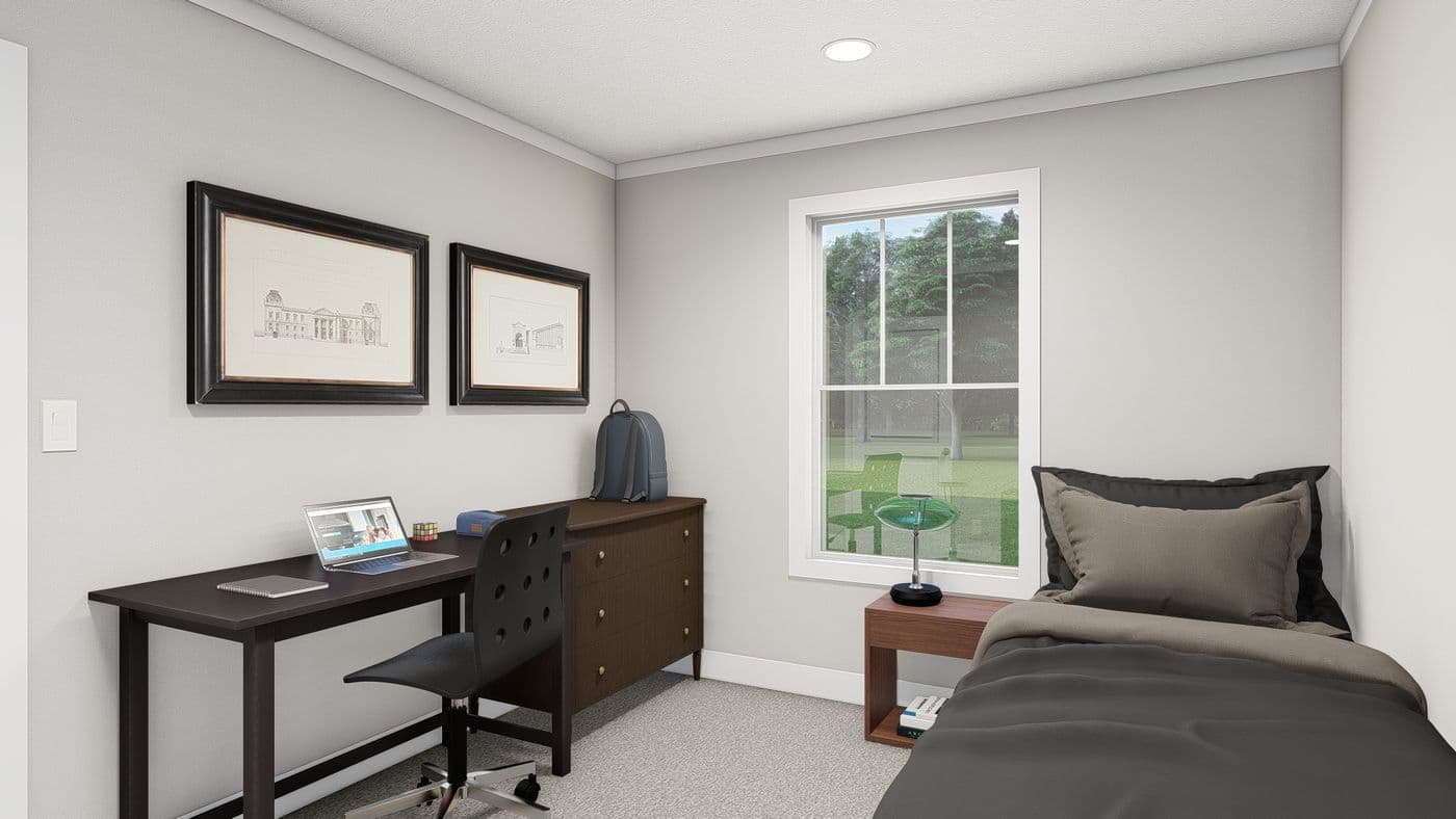 The HERE COMES THE SUN Guest Bedroom. This Manufactured Mobile Home features 3 bedrooms and 2 baths.