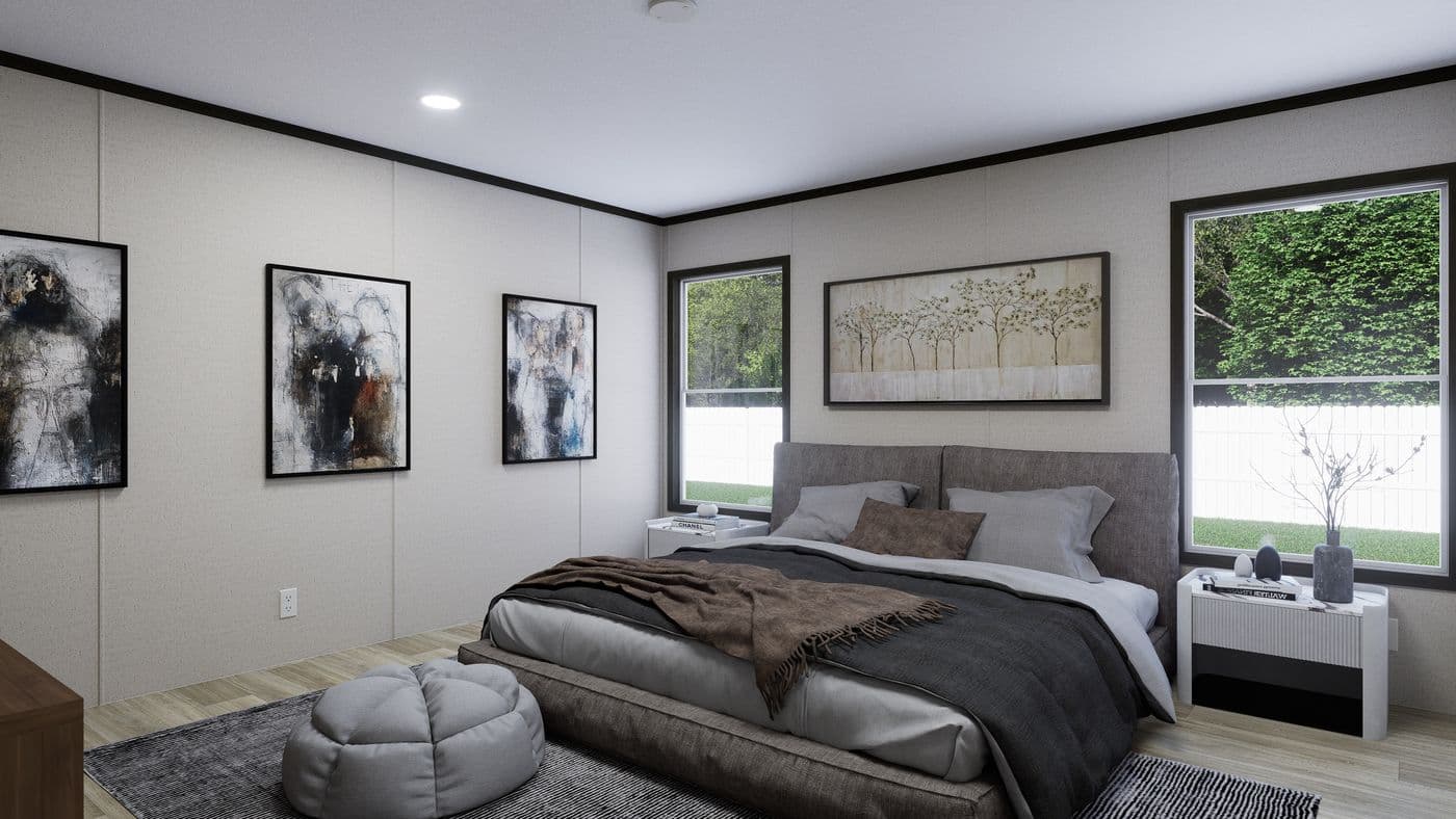 The FLOURISH Primary Bedroom. This Manufactured Mobile Home features 3 bedrooms and 2 baths.