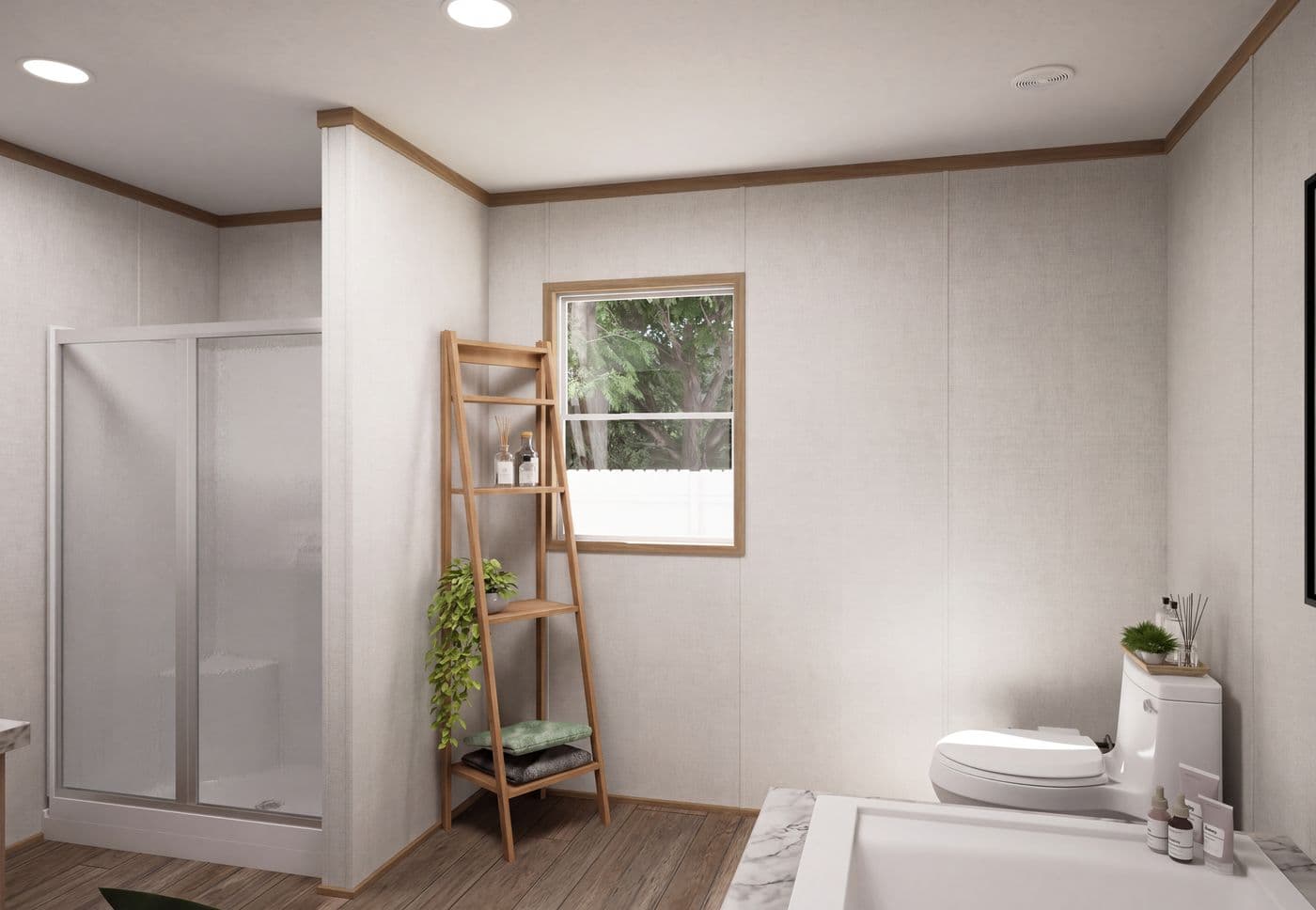 The THE MOUNTAINEER 68 Primary Bathroom. This Manufactured Mobile Home features 4 bedrooms and 2 baths.