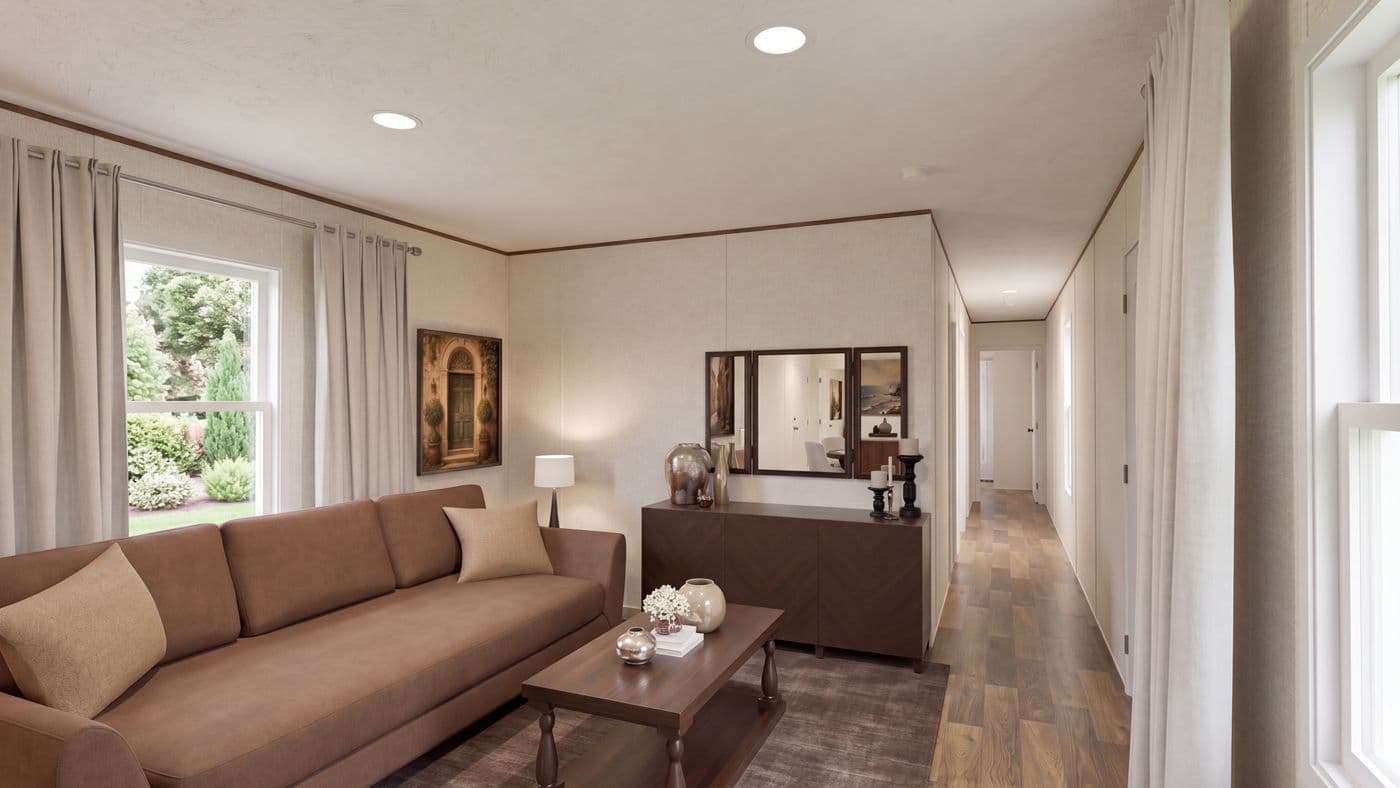 The CYPRESS Living Room. This Manufactured Mobile Home features 4 bedrooms and 2 baths.