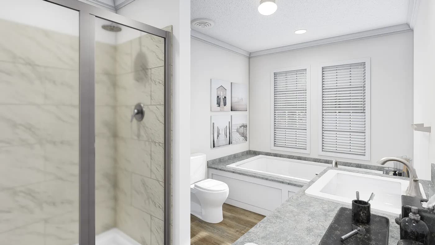 The BIG EASY M001 Primary Bathroom. This Manufactured Mobile Home features 4 bedrooms and 2 baths.
