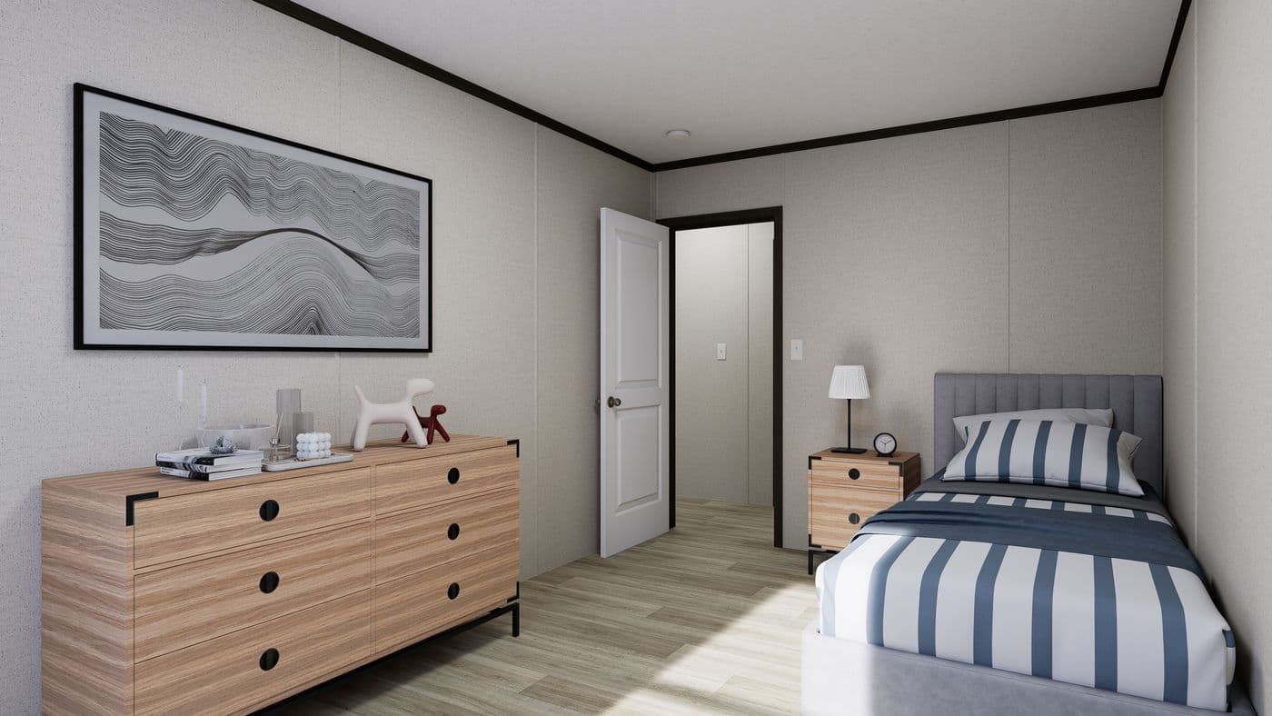 The FLOURISH Bedroom. This Manufactured Mobile Home features 3 bedrooms and 2 baths.