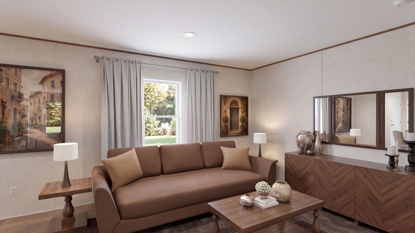 The CYPRESS Living Room. This Manufactured Mobile Home features 4 bedrooms and 2 baths.