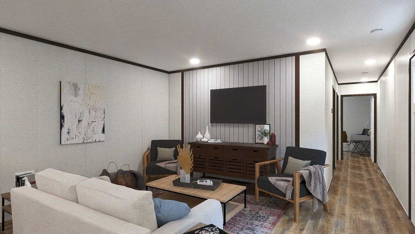 The ESSENCE Living Room. This Manufactured Mobile Home features 3 bedrooms and 2 baths.