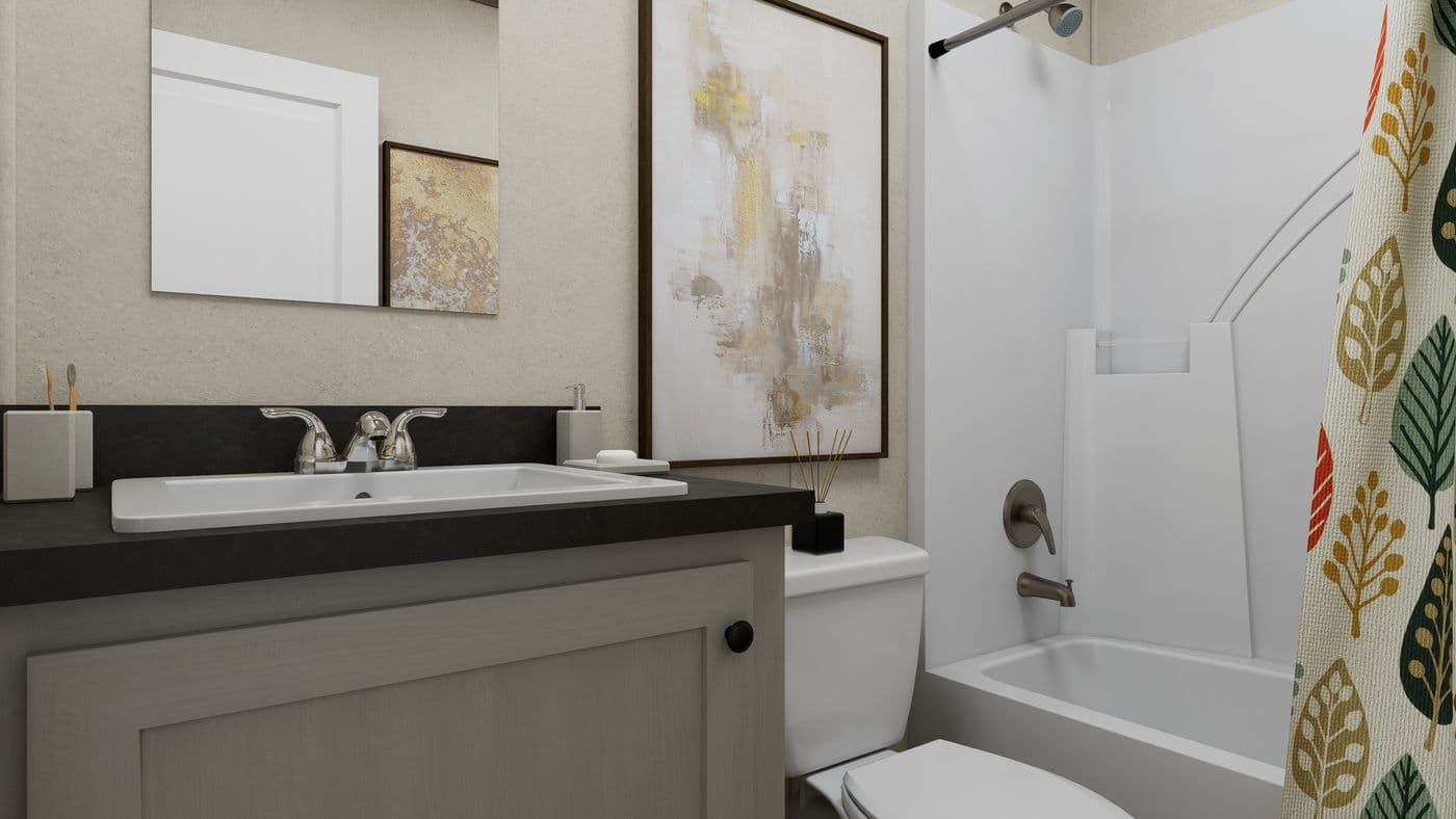 The 7216-CC01 CORNERSTONE 72 Guest Bathroom. This Manufactured Mobile Home features 3 bedrooms and 2 baths.