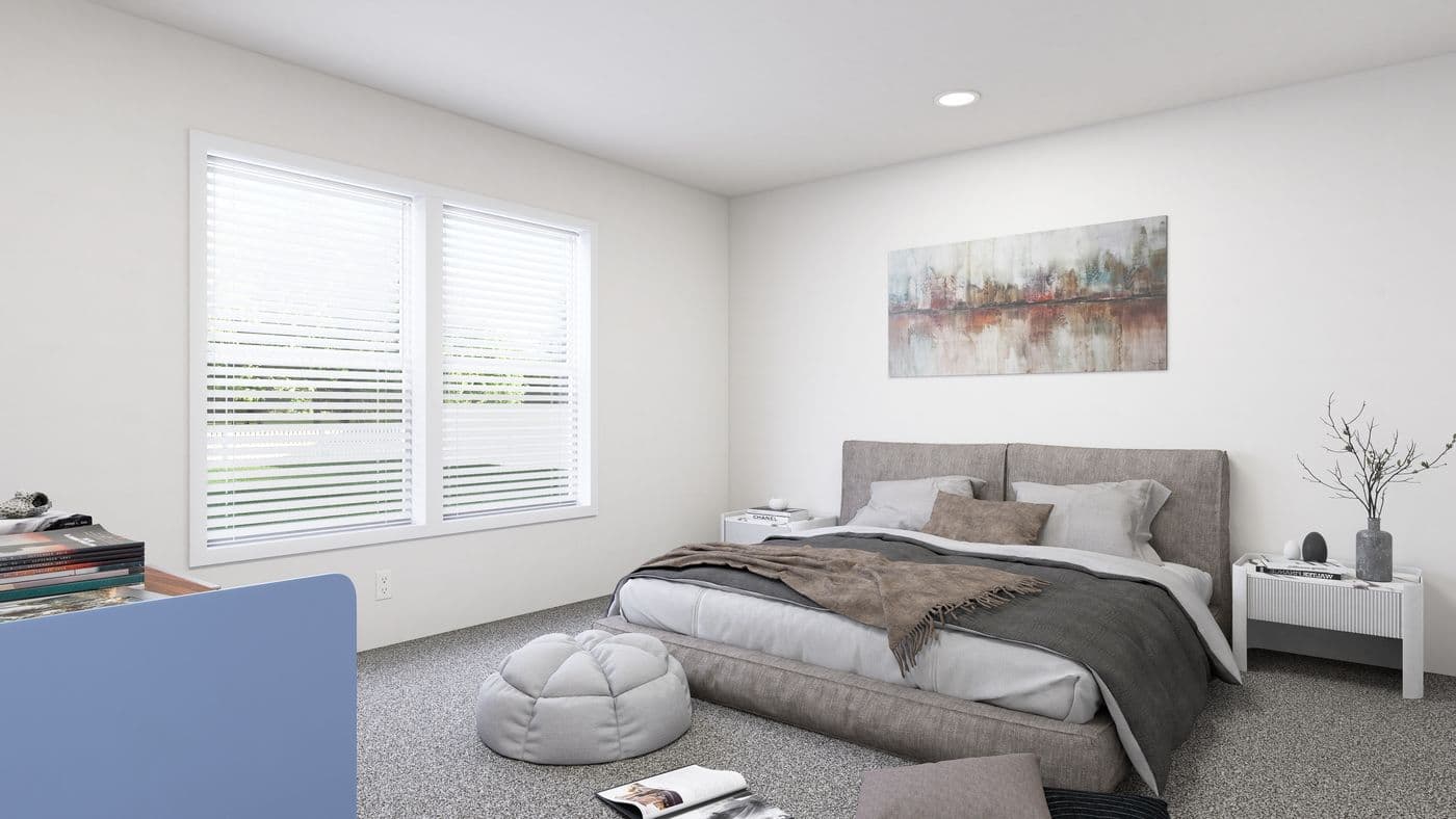 The SLE 561F Primary Bedroom. This Manufactured Mobile Home features 3 bedrooms and 2 baths.