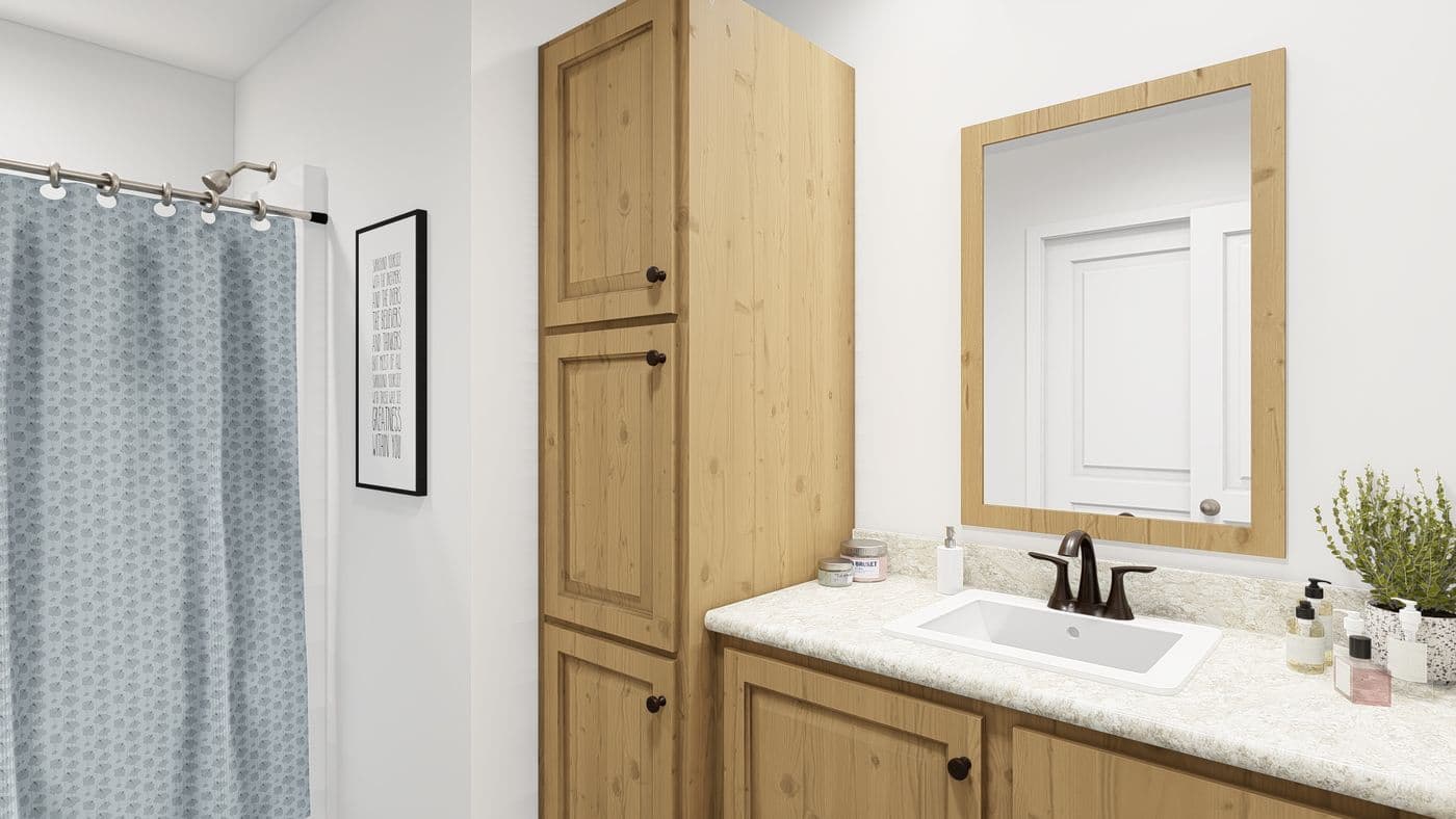 The ING382F REDWOOD II GW Primary Bathroom. This Manufactured Mobile Home features 2 bedrooms and 2 baths.