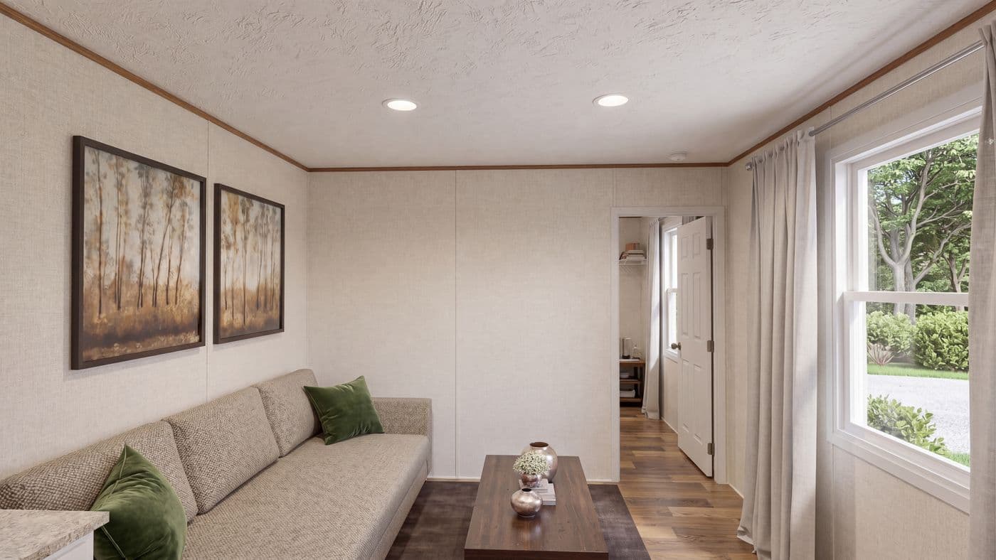 The TULIP Living Room. This Manufactured Mobile Home features 2 bedrooms and 1 bath.