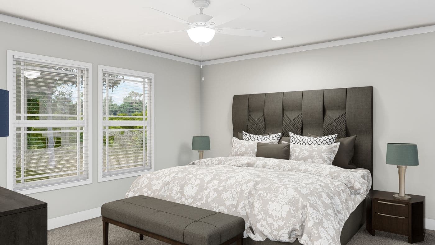 The CHEYENNE Primary Bedroom. This Manufactured Mobile Home features 3 bedrooms and 2 baths.