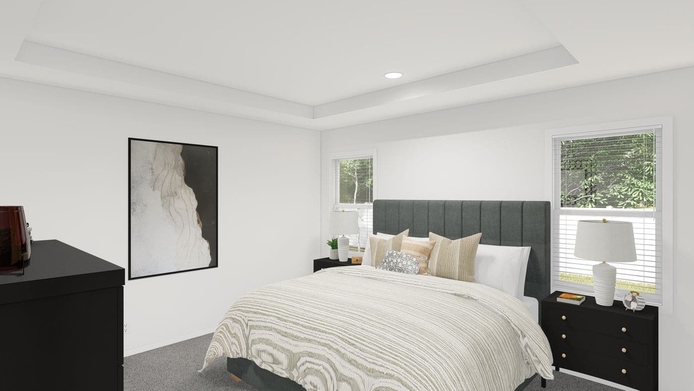 The ING382F REDWOOD II GW Primary Bedroom. This Manufactured Mobile Home features 2 bedrooms and 2 baths.
